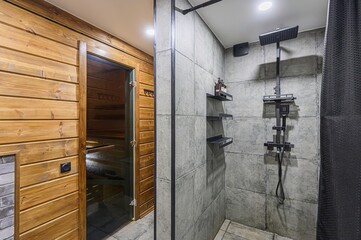interior apartment room bathroom, sink, decorative elements, toilet