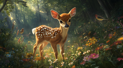 Serene Forest Glade: Fawn in Harmony Amid Sunlit Wildflowers and Songbird Symphony