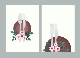 Floral table setting design. Fork and knife on plate with pink flowers and leaves. Restaurant menu templates vector set.