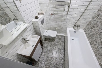 interior apartment room bathroom, sink, decorative elements, toilet