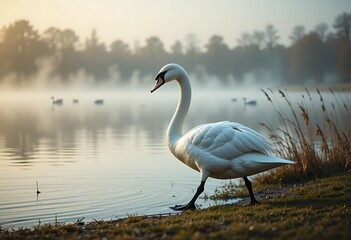 Fototapeta premium Elegant Swans Walk Gracefully in the Land of Wild Nature