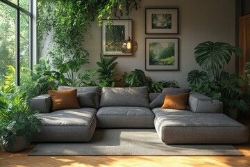 Scandinavian Minimalist Living Room Modern Interior Design with Grey Sofa and Green Plants