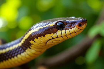 Colorful snake resting on a branch against a blurred background  