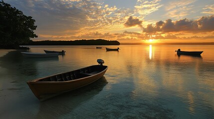 A tranquil tropical sunrise over a lagoon with small boats.