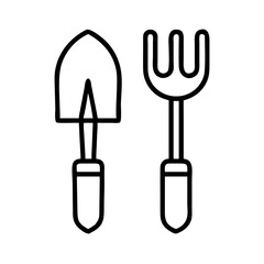Outline gardening tools illustration: shovel and fork for planting and cultivating soil in garden
