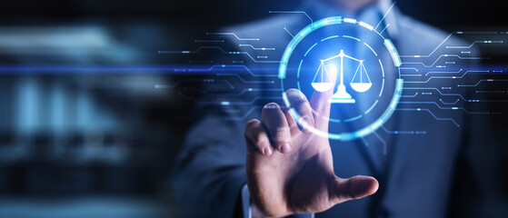 Digital Law and Legal Technology Illustrated on Virtual Interface.