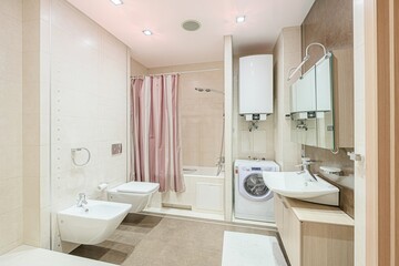 interior apartment room bathroom, sink, decorative elements, toilet