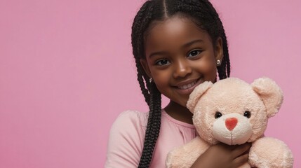 Smiling Black girl with braids holding teddy bear against pink background