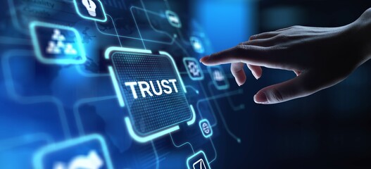 Trust Building Credibility and Strong Relationships, projection on a virtual screen, Business and Technology Concept.