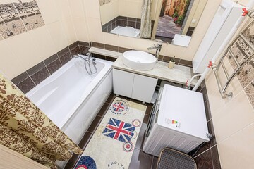 interior apartment room bathroom, sink, decorative elements, toilet