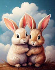 2 baby easter rabbits are hugging illustration on the background of sky