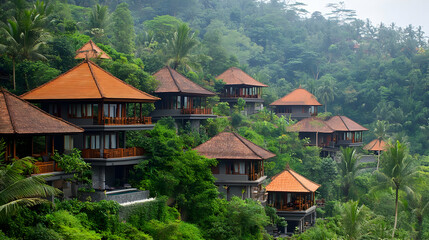 Obraz premium Lush Green Hillside with Tropical Villas and Orange Roofs Amidst Dense Foliage in an Exotic Landscape
