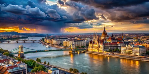 Fototapeta premium Cloudy Day Aerial View of Budapest, Hungary - Panoramic Cityscape