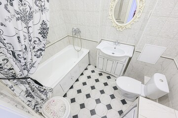interior apartment room bathroom, sink, decorative elements, toilet