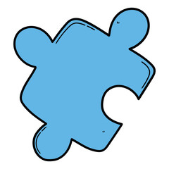 Hand drawn cartoon piece of blue puzzle on white background.