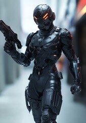 Naklejka premium Futuristic Cybernetic Warrior with Gun in Black Armored Suit Dynamic Action Pose