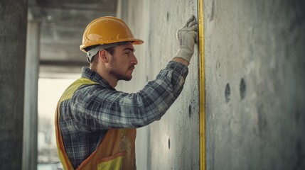 Construction worker using a laser level to align a wall. Featuring accuracy and tools