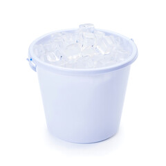 Light Blue Plastic Bucket Filled with Ice Cubes on White Background