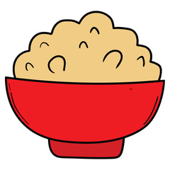 Hand drawn cartoon red bowl with porridge on white background.