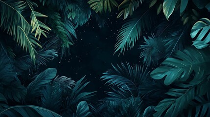 Dense tropical foliage creates a dark, mysterious atmosphere, with various shades of green leaves framing an open space illuminated by subtle twinkling lights