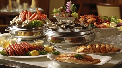 A lavish seafood buffet spread, featuring an array of glistening shellfish, succulent crab legs, and various fish fillets - cod display cooked