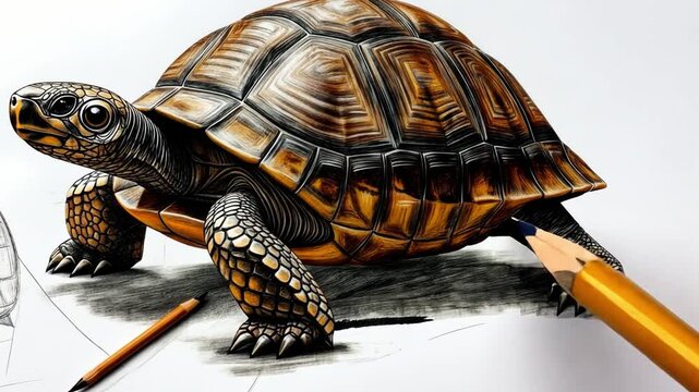 The Artist's Gaze: A close-up showcases the creation of a realistic tortoise drawing on paper, with pencils poised to bring the artwork to life.