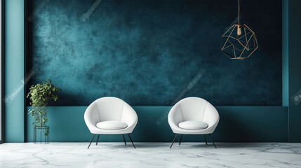 Minimalist Living Room with White Chairs and Teal Wall 3D Interior Design Rendering