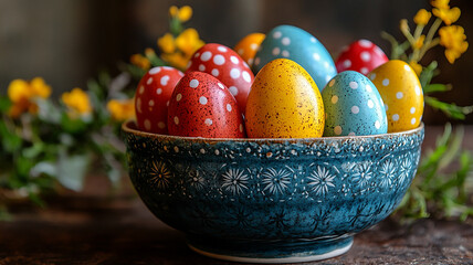 Colorful painted easter eggs in a traditional basket are a springtime symbol of holiday celebration