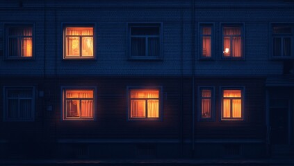 Nighttime apartment building facade with lit windows