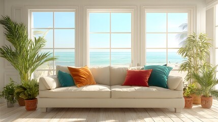 Modern living room includes a beige sofa with orange and teal pillows, green plants, and large windows overlooking a sunny beach, bathed in bright daylight.  