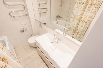interior apartment room bathroom, sink, decorative elements, toilet