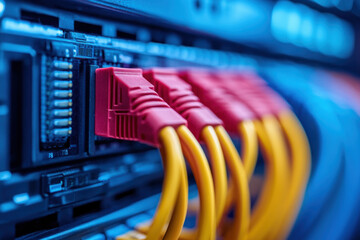 Ethernet cable connected to server rack, with blinking status lights, showing network activity in data center.