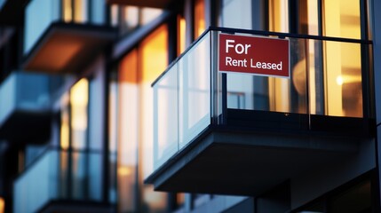 Obraz premium Apartment Building Balcony Displaying 'for Rent Leased' Sign at Sunset