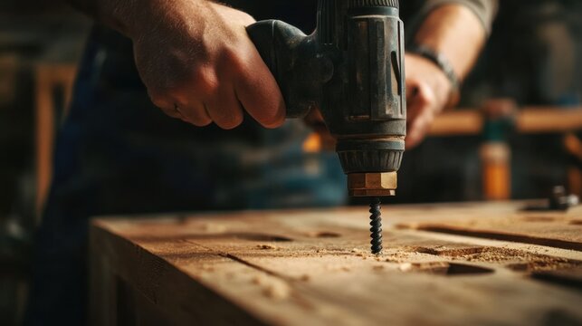 Construction worker using a power drill to fasten screws into wood. Featuring skill and efficiency