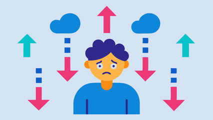 Chart with Mixed Signals A person looks frustrated at a chart with fluctuating arrows showing how they constantly switch tasks instead of committing to one creating confusion and