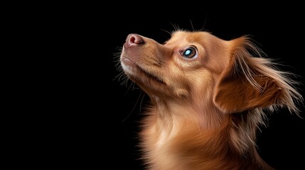 Close up portrait of a red dog looking upward