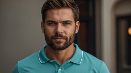 Fototapeta premium Male model poses confidently in a stylish turquoise shirt against a neutral background