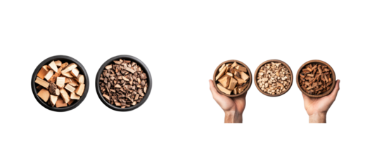 Two bowls filled with distinct types of wood pieces are showcased