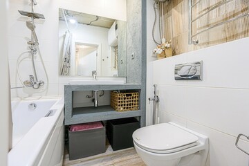 interior apartment room bathroom, sink, decorative elements, toilet