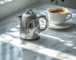 Minimalist advertising image of a stainless steel kettle on a marble countertop, morning light casting soft shadows, hyper-realistic textures, clean kitchen aesthetic