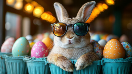 Cute spring holiday decoration easter bunny with colorful eggs in a basket