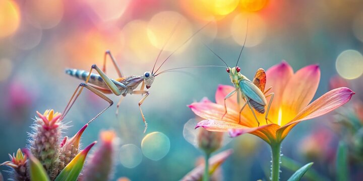 Close-up of Crickets and Katydids on a Flower with Beautiful Bokeh Background