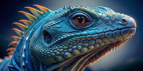 Fototapeta premium Close-up of Blue Iguana Head, Aerial Perspective, Vivid Colors, Reptile Portrait