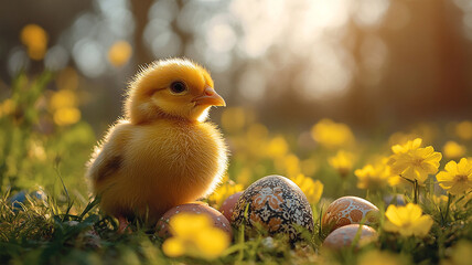Cute yellow easter chick and small white eggs, a fluffy baby bird isolated