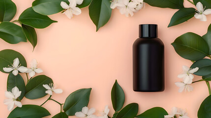 Black cosmetic bottle with delicate jasmine flowers and green leaves on a soft peach background. Minimalist, natural beauty product presentation