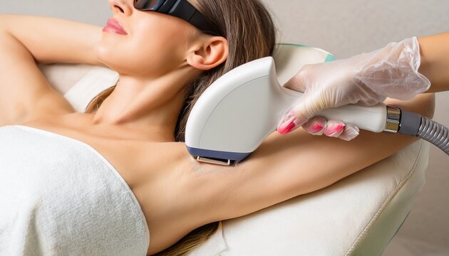 Laser hair removal, a beauty procedure performed on an armpit. The woman in the image is undergoing this procedure, and the technician is using a specialized laser to remove hair from the armpit