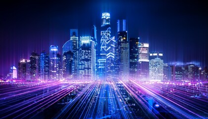 Obraz premium a futuristic city skyline with glowing lights and modern buildings, representing technological progress and innovation. The city is full of vibrant and energetic lights, evoking a sense of modernism 