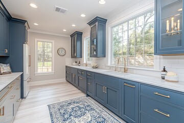 Kitchen interior with blue cabinets white countertops and light wood floor.