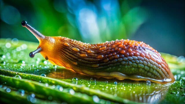 Close-up of a glistening, slimy slug on a damp leaf, showcasing its textured body and vibrant colors.