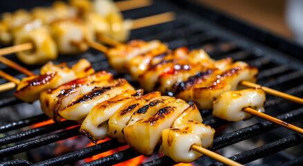 A grilled squid egg on grill with a hot charcoal.